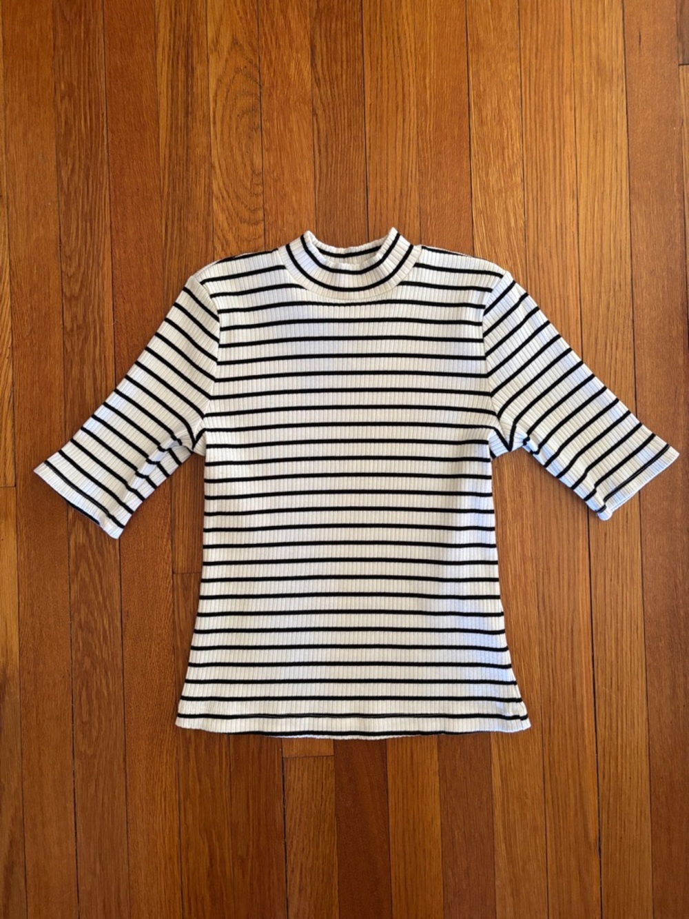 Striped Rib Knit Mock Neck Top - White & Black